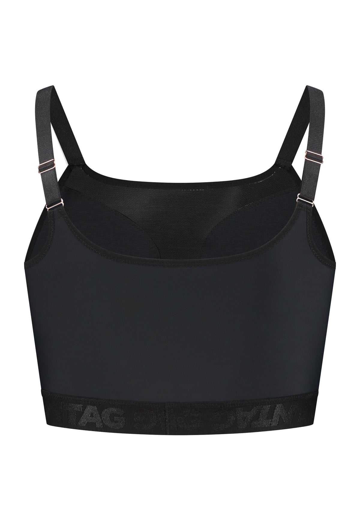 Black sport safe chest binder ideal for trans masc, trans men, transgender and ftm nonbinary people. It has adjustable shoulder strings and thick elastic to keep it in place. Back view. 