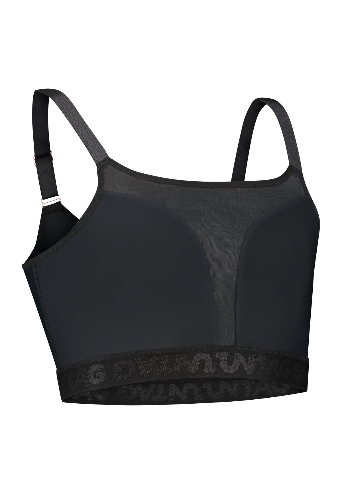 Black sport safe chest binder ideal for trans masc, trans men, transgender and ftm nonbinary people. It has adjustable shoulder strings and thick elastic to keep it in place. Front view. 