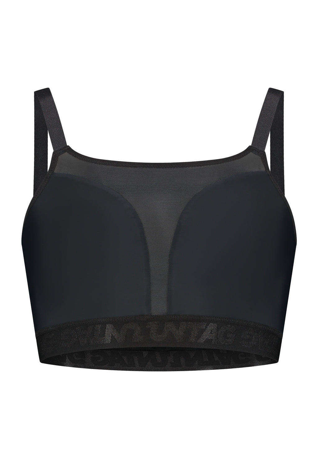 Black sport safe chest binder ideal for trans masc, trans men, transgender and ftm nonbinary people. It has adjustable shoulder strings and thick elastic to keep it in place. Front bottom view. 
