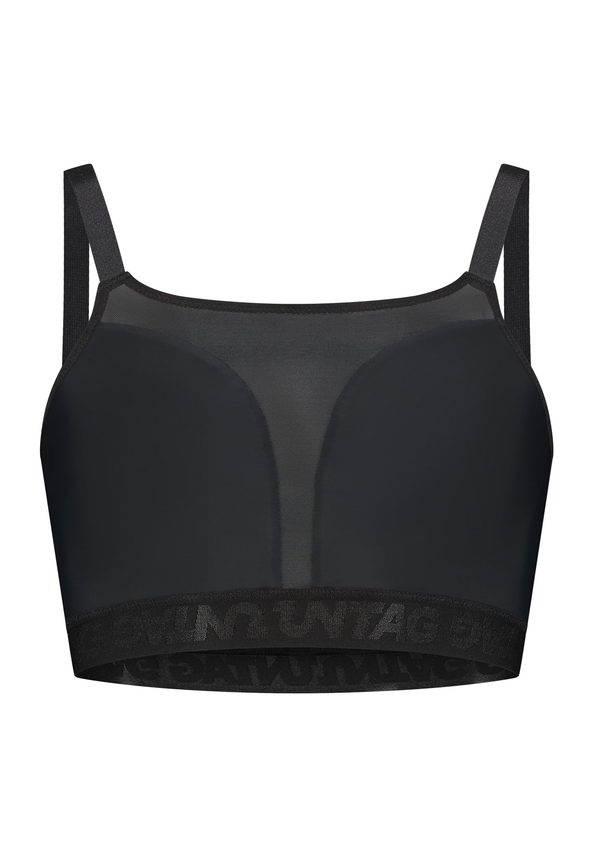 Black sport safe chest binder ideal for trans masc, trans men, transgender and ftm nonbinary people. It has adjustable shoulder strings and thick elastic to keep it in place. Front bottom view. 