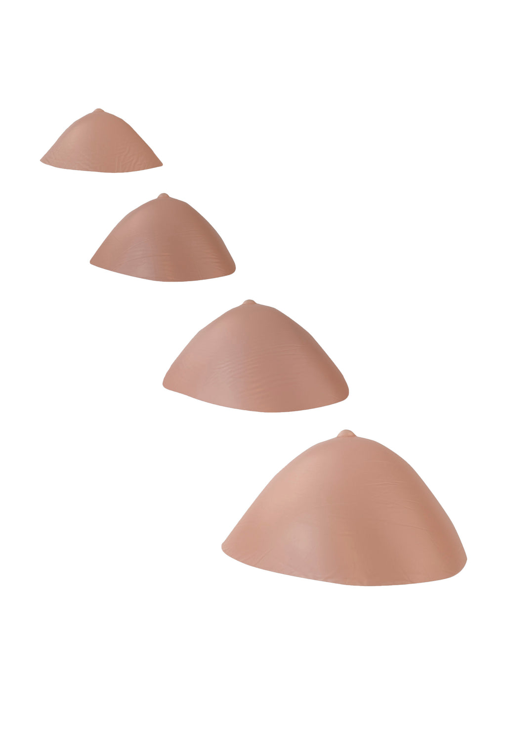 Breast forms or silicone realistic breast prostheses for trans women, mtf, drag queens, cosplayers. Beige color. 4 sizes from A to D cup. Triangular shape. bottom view.