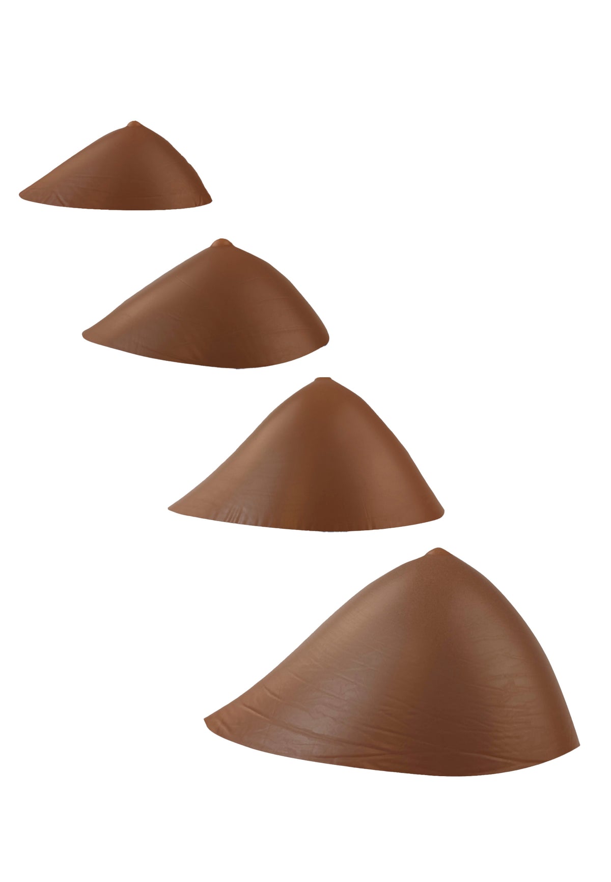 Breast forms or silicone realistic breast prostheses for trans women, mtf, drag queens, cosplayers. Caramel color. 4 sizes from A to D cup. Oval shape. Bottom view.