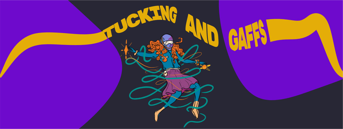 Guide to tucking and gaffs with a gender fluid person wearing a skirt and futuristic helmet.